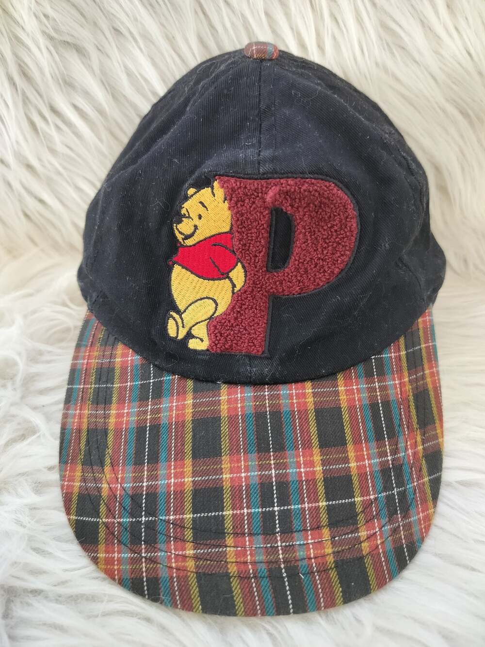 Vintage 90s Disney Winnie the Pooh Plaid Chenille 'P' Youth Baseball Cap one sz